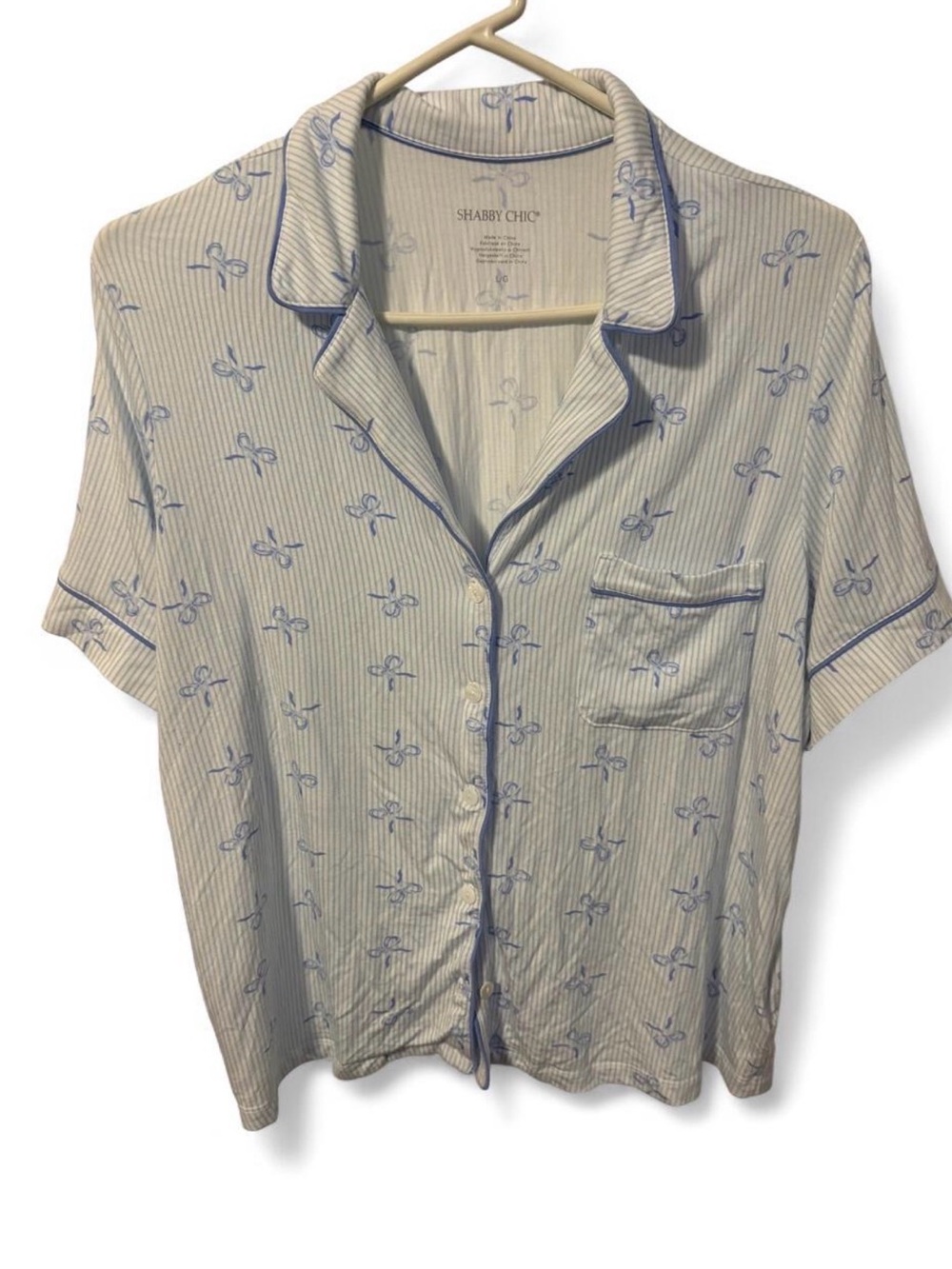 Shabby Chic Bow Print Pajama Set 3pc Large Short Sleeve Top Shorts Pants Blue L - Picture 3 of 11